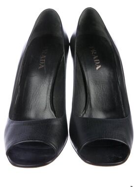 GREAT CONDTN Prada Black Leather Peep-Toe Heels (IT 38/8)